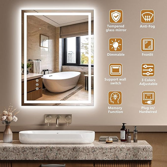 24x32 Inch LED Lighted Bathroom Mirror - Anti-Fog Vanity Mirror with Dimmable Front & Backlit, 3 Color Temp, Smart Memory - Shatterproof HD Glass, IP54 Waterproof Wall Mounted for Makeup Shaving