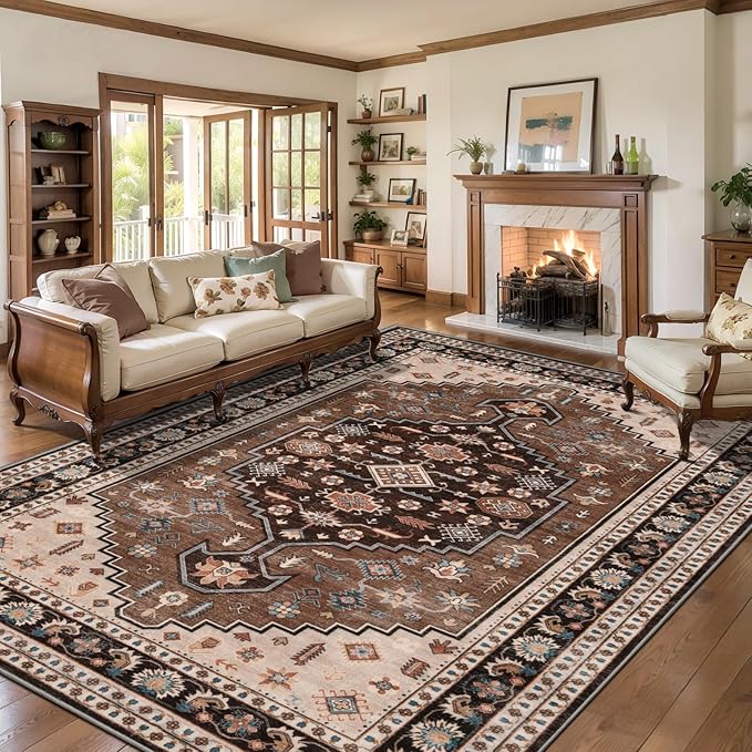Tangsoo Vintage 8x10 Rug for Living Room,Washable Indoor Area Rug Brown Beige Non-Slip Rubber Backing Soft Low Pile Carpet
