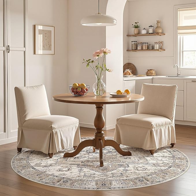 6x6 Round Area Rugs Washable Vintage - Soft Traditional Rugs for Living Room Large Non Slip Backing with Low Pile Farmhouse Oriental Retro Carpet for Bedroom Dining Room or Home Office - Tea Brown