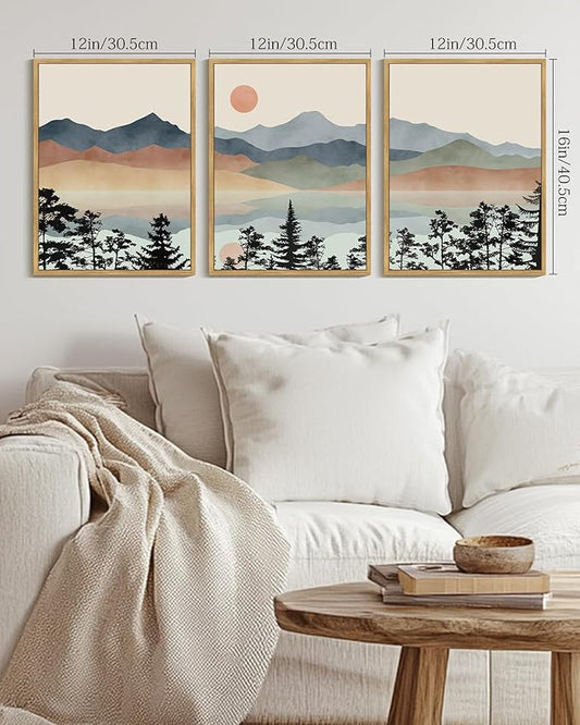 Drsoum Mountain Range Landscape Wall Art Framed Ink Wash Watercolor Nature Wall Decor Laker Sun Rises Prints Bedroom Living Room Ready to Hang 12x16in Natural Framed