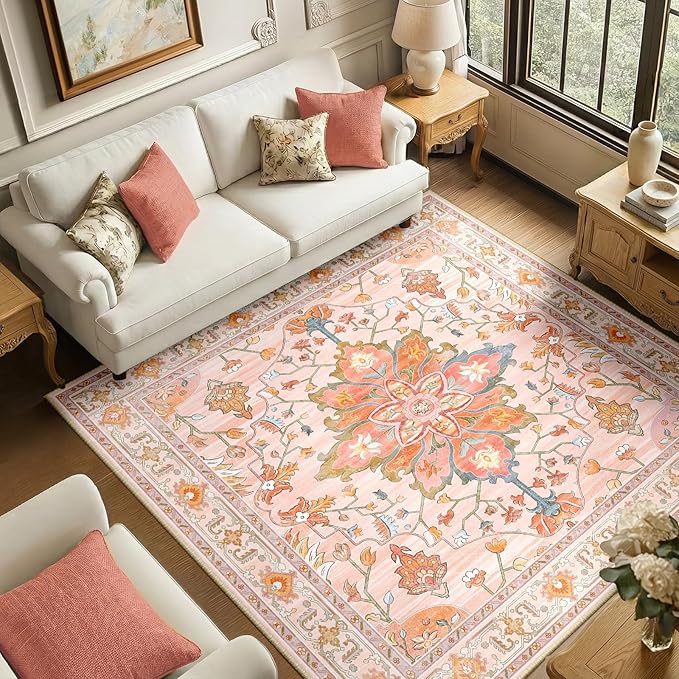 RELEANY Area Rugs Square 6ft Washable Non-Slip, Floral Vintage Distress Print Pattern Medallion Carpet for Living Room Bedroom Dining Room, Light Pink Colorful