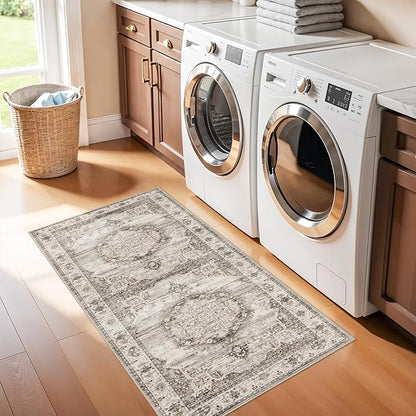 Washable Area Rugs 2x4 Entryway: Soft Ultra Thin Low Pile Mat Machine Washable Indoor Doormat Lightweight Entry Rug Anti Slip Backing Rugs for Living Room Bedroom Kitchen 2'x4' Beige