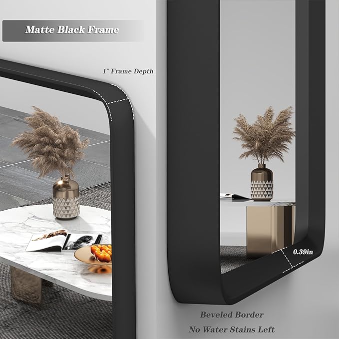 40x30 Inch Black Matte Framed Mirror for Bathroom, Rounded Rectangle Mirror, Bathroom Vanity Mirror for Wall, Anti-Rust, Shatterproof (Horizontal/Vertical)