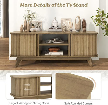 Tangkula Sliding Doors TV Stand for TV up to 55 Inch, Mid Century Modern TV Console Table, Television Cabinet w/ 2 Open Shelves & Sliding Doors, Home Media Entertainment Center for Living Room (Oak)