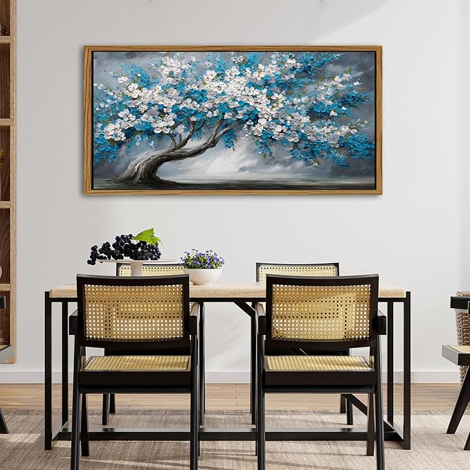 Vintage Tree of Life Wall Art Extra Large Framed Wall Decor Blue White Daisy Flower Canvas Prints Contemporary Artwork Abstract Botanical Floral Picture for Living Room Bedroom Home Decoration 35x70
