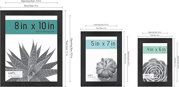 MCS Gallery Essential Picture Frame Set 4x6, 5x7 & 8x10 Black Woodgrain, Gallery Wall Vertical & Horizontal Hanging Frames for Photos & Art Prints (7-Pack)
