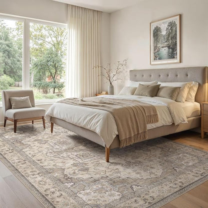 EIEIHOUSE Washable Area Rugs for Living Room - 5x7 Neutral Vintage Distressed Floral Farmhouse Boho Large Soft Floor Rug Indoor Non Slip Carpet for Bedroom Dining Room Office - Brown/Multi