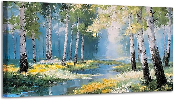 Ardemy Birch Forest Stream Canvas Wall Art, 40"x20" Hand-Painted Texture Landscape Painting with Wildflowers, Calming Nature Scenery for Living Room Bedroom Bathroom Home Office Decor