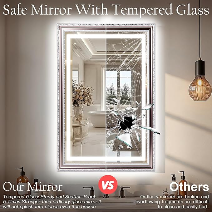 ROLOVE 23x35 Inch Bathroom Mirror with Lights, Brushed Rose Gold Frame, Anti-Fog LED Vanity Mirror for Wall, Plug-in/Hardwired, Dimmable, Tempered Glass,Wall Mirrors Decorative (Champagne Pink Hue)