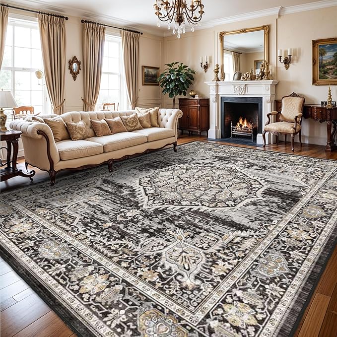 Washable Rugs 10x14 Area Rug: Large Rugs for Living Room - Oriential Distressed Printed Floral Carpet - Non Slip with Rubber Backing Area Rug 10'x14' Black