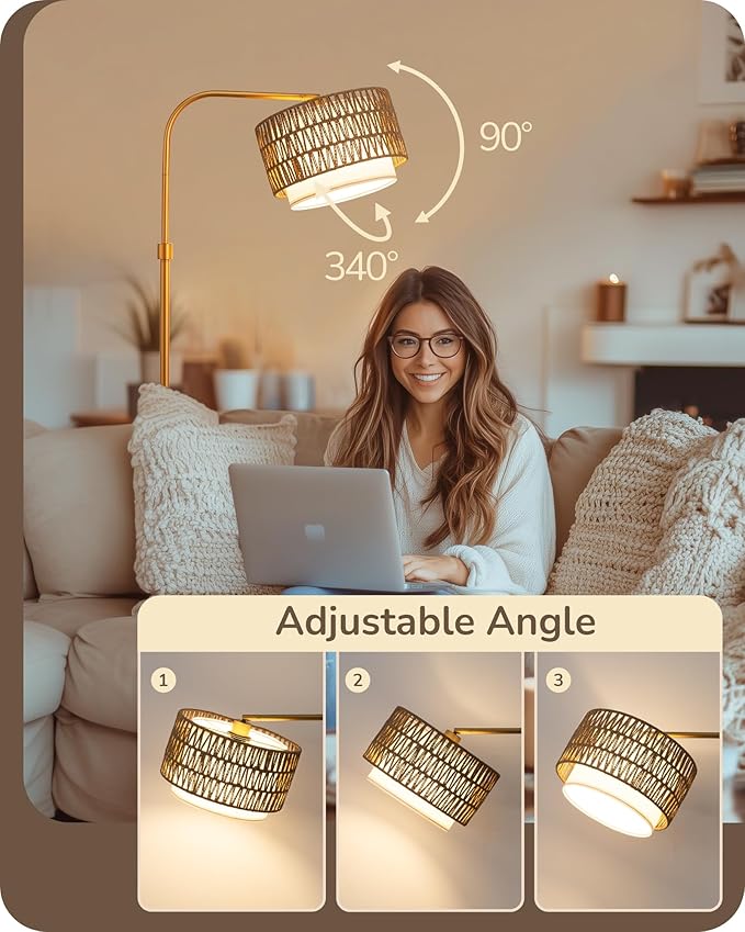 EDISHINE Rattan Floor Lamp for Living Room with Remote & Dimmable LED Bulb,63'' Mid Century Rattan Fabric Shade Standing Lamp with 5 Color Temperature, Farmhouse Boho Standing Lamp for Bedroom Office
