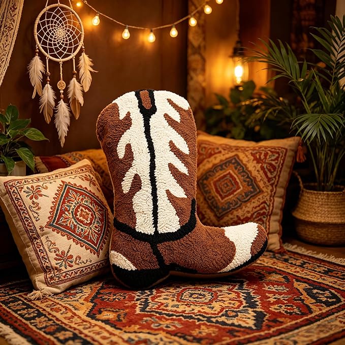 Moorfowl Cowboy Boot Throw Pillow Single-Sided Cute Novelty Accent Pillows Decorative Boot Shaped Stuffed Cushion for Bed Couch Chair Sofa