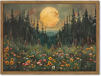 Vintage Forest Moon Wall Art, Nature Pine Tree Woodland Wall Decor Paintings, Dark Cottagecore Landscape 3D Textured Hand Drawn Sandstone Artwork for Bedroom Living Room 24x36 inch Wood Framed