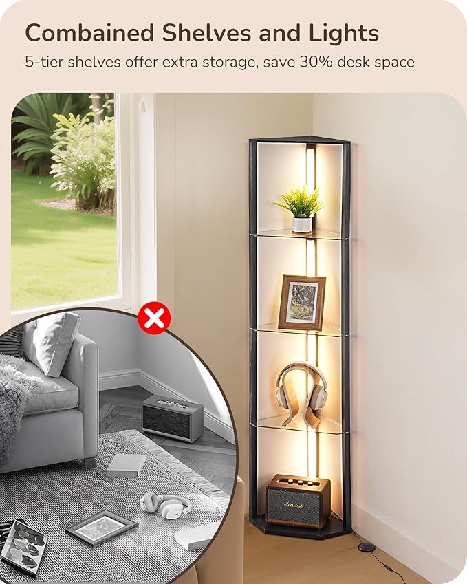 EDISHINE Floor Lamp with Shelves, 5-Tier Glass Display Shelf with Remote/Foot Control, 5CCT & Dimmable Corner Shelf Lamp, Open Display Cabinet, Floor Lamps for Living Room, Bedroom, Black