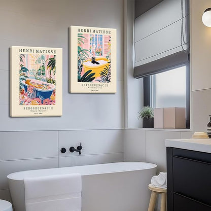 Funny Bathroom Canvas Wall Art Set of 3, Matisse Black Cat Animal Wall Decor Paintings, Cute Tiger Bathroom Pictures Posters Prints 12x16 Inch Framed