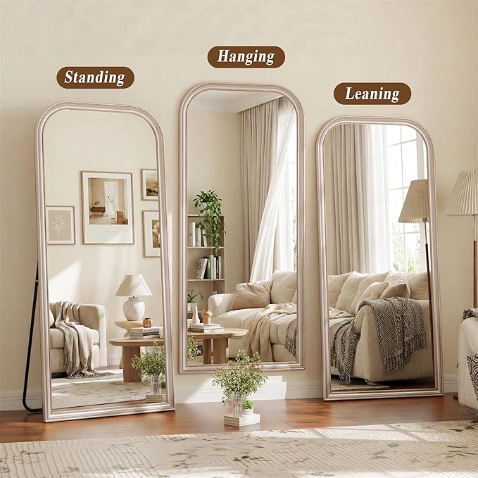 28"×69" Rounded Top Large Full Length Mirror, Arched Vintage Floor Stangding Body Mirror - PU Frame, Wall Mounted Hanging Leaning Antique Decor for Dressing Room, Entryway, Bedroom, Silver