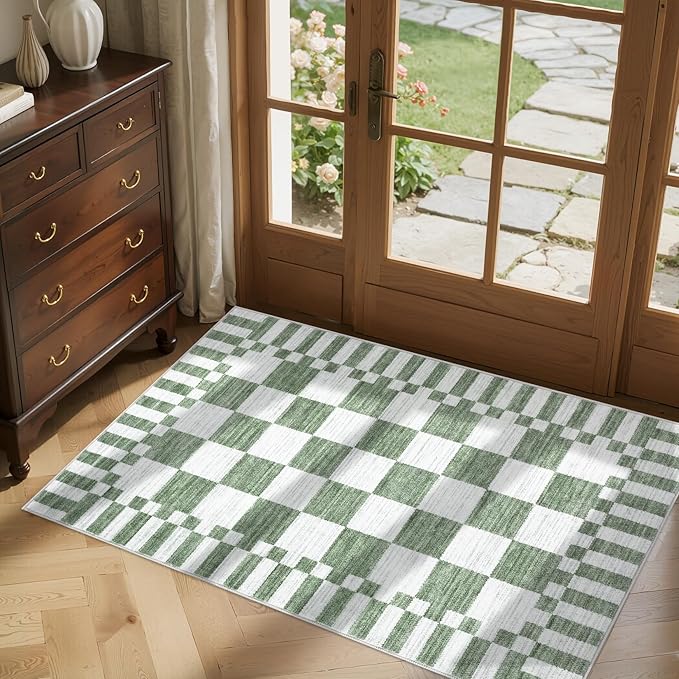 GarveeHome Sage Green Checkered Rug 2x3 Washable Rug Non-Slip for Entryway, Soft Low-Pile Small Area Rugs, Modern Geometric Rugs for Kitchen
