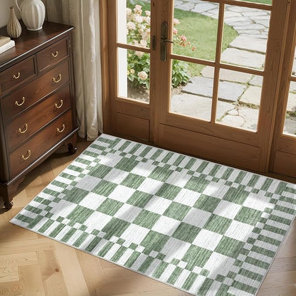 GarveeHome Sage Green Checkered Rug 2x3 Washable Rug Non-Slip for Entryway, Soft Low-Pile Small Area Rugs, Modern Geometric Rugs for Kitchen