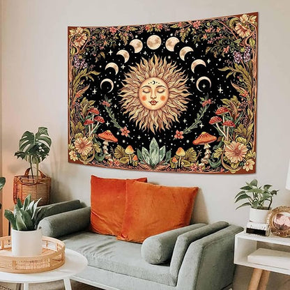 Neasow Sun and Moon Mushroom Tapestry, Vintage Orange Aesthetic Wall Art, Boho Retro Floral Mystic Decor for Living Room Bedroom Home, 60x80 inches