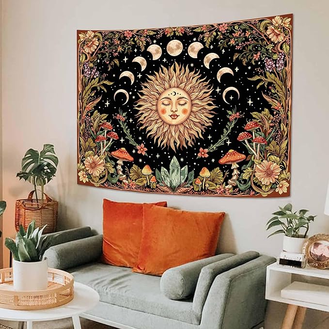 Neasow Sun and Moon Mushroom Tapestry, Vintage Orange Aesthetic Wall Art, Boho Retro Floral Mystic Decor for Living Room Bedroom Home, 44x60 inches