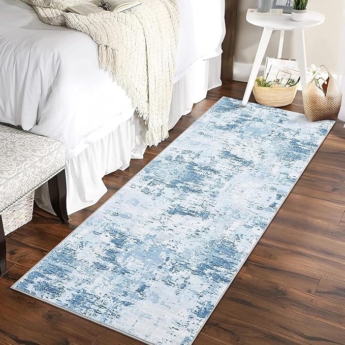 ROYHOME Modern Abstract 2x10 Runner Rug Non Slip Non Shedding Low Pile Stain Resistant Rug for Hallway Kitchen Bedroom, Light Blue