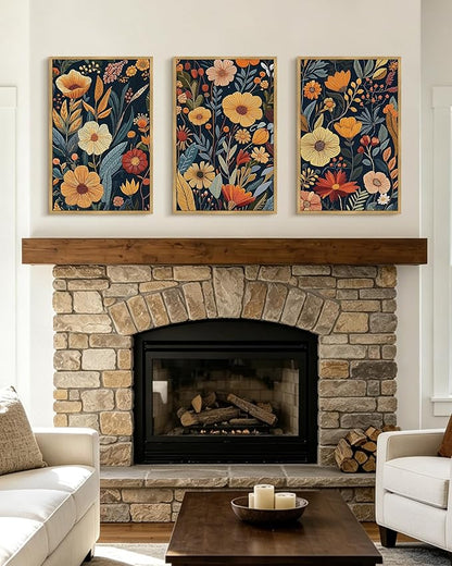 PHOPAGO Vintage Flower Framed Wall Art Large 16x24in Boho Colorful Floral Wall Decor Retro Botanical Wildflower Modern Art Prints Living Room Bedroom Home Decor - Natural Framed