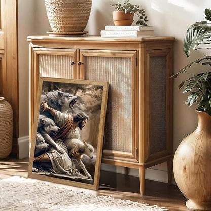 Framed Jesus and Lamb Canvas Wall Art Jesus Saves The Lost Lamb Picture Wall Decor God Protect A sheep From Wolves Painting Print Christian Poster Artwork for Living Room Bedroom Church (8x10 in)