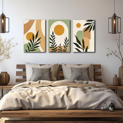 Boho Sun Canvas Wall Art Set of 3, Neutral Abstract Minimalismt Bohemian Geometric & Botanical Plants Pictures Prints Artwork Paintings Wall Decor for Bedroom Living Room Home Decoration 16x24 inches