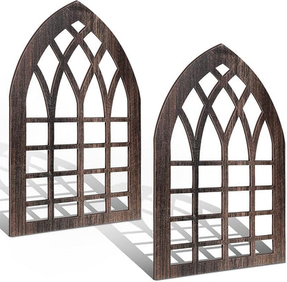 Yulejo 2 Pcs Rustic Window Frame Wall Decor Wooden Farmhouse Wall Decor 15.6'' x 11'' Arched Cathedral Window Home Decor Fake Window Pane Vintage Wall Art for Entryway Living Room Bedroom (Dark Brown)