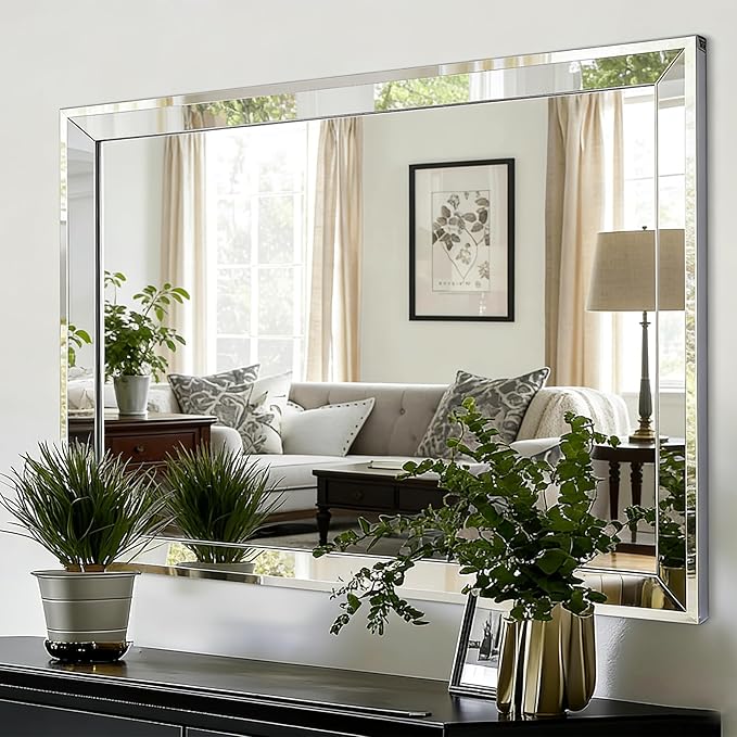 Chende 33"x49" Angled Retangular Decorative Wall Mirror with 2" Stainless Steel Frame, Modern Large Elegant Mirror for Living Room, Dining Room, Entrance, Bedroom Decor, Unique
