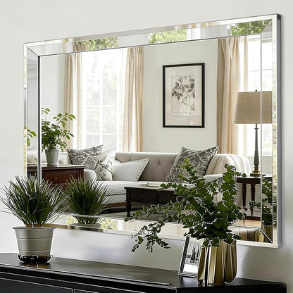 Chende 33"x49" Angled Retangular Decorative Wall Mirror with 2" Stainless Steel Frame, Modern Large Elegant Mirror for Living Room, Dining Room, Entrance, Bedroom Decor, Unique