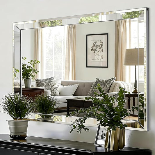 Chende 33"x49" Angled Retangular Decorative Wall Mirror with 2" Stainless Steel Frame, Modern Large Elegant Mirror for Living Room, Dining Room, Entrance, Bedroom Decor, Unique