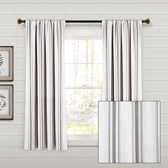 Lush Decor Farmhouse Stripe Yarn Dyed Eco-Friendly Recycled Cotton Window Curtain Panel Pair, 42" W x 63" L, Gray - Classic Modern Rustic Charm - Eco Friendly Cotton Fabric
