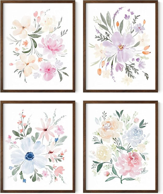 HAUS AND HUES Flower Wall Art - Set of 4 Framed Floral Paintings (8x10, Walnut Frame)