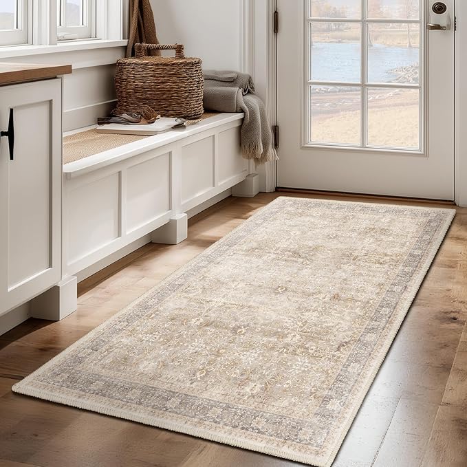 Beige 4x6 Washable Rug, Small Area Rugs for Entryway Kitchen Bathroom with Rubber Backing Non Slip, Vintage Neutral Low Pile Thin Throw Carpet Rug for Foyer/Nursery/Home Office/Living Room