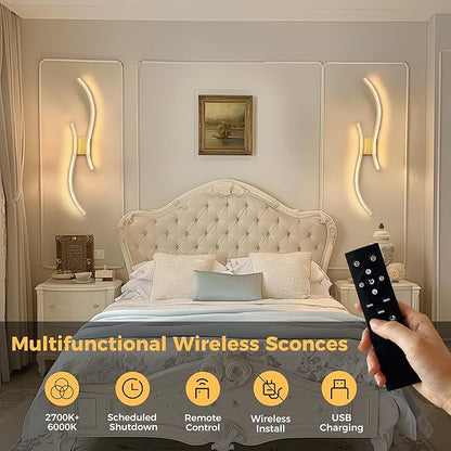 DORESshop Battery Operated Wall Sconces Set of 2, Bubble Acrylic Wireless Rechargeable Wall Lights with Dimming, 3000K-6000K, 8000mAh, Sconce Wall Decor for Living Room, Hallway, Bedroom, Gold, 39in