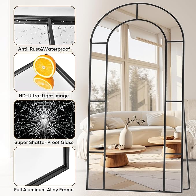 Antok 81" x 41" Full Length Mirror, Floor Mirror Arched Window Decorative Mirror, Metal Framed Decor Farmhouse Floor Mirrors Art Pane Mirrors Wall Decor for Bedroom, Living Room, Entryway Black