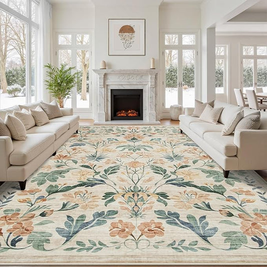 10x14 Area Rugs Washable Rug: Lagre Boho Living Room Rug Soft Non-Slip Thin Carpet Indoor Floor Non-Shedding Neutral Floral Carpets for Bedroom Dining Room Farmhouse Nursery Beige