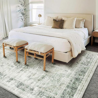 CHAMPLANT Area Rug 6'x9' Washable Floral Green Vintage Traditional Floor Cover Thin Retro Kitchen Indoor Distressed Non Slip Carpet for Living Room Bedroom Dining Room