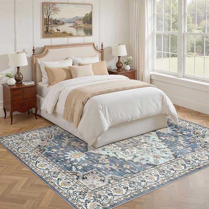 6x9 Washable Area Rugs for Living Room: Non Slip Vintage Blue Yellow Rug, Large Soft Stain Resistant Indoor Floor Carpets for Bedroom Dining Room Nursery Home Office Kid & Pet Friendly