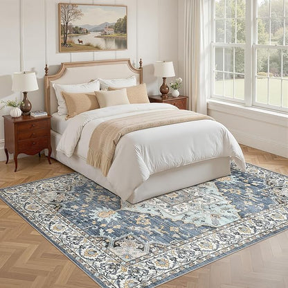 5x7 Washable Area Rugs for Living Room: Non Slip Vintage Blue Yellow Rug, Large Soft Stain Resistant Indoor Floor Carpets for Bedroom Dining Room Nursery Home Office Kid & Pet Friendly