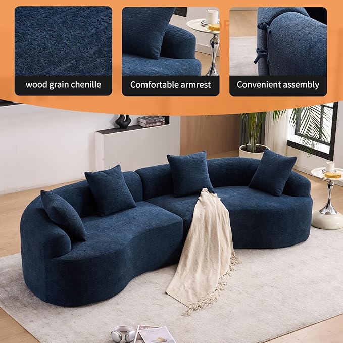 KEIKI Curved Chenille Modular Sectional Couches with Pillows, 4 Seater Oversized Upholstered Luxury Plush Cloud Sofa for Living Room Apartment, Antique Blue