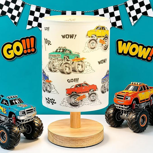 Construction Truck Table Lamp for Kids Bedside Lamp with Linen Wooden Nightstand Cartoon Nursery Lampshade for Bedroom Desk Birthday