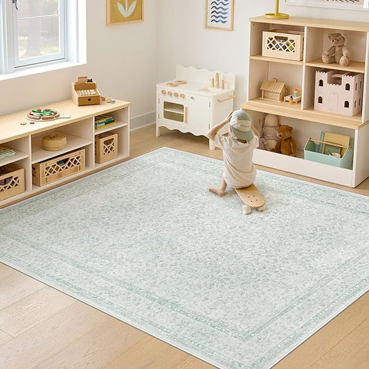 6x9 Area Rugs for Living Room: Washable Vintage Floral Rug Low Pile Non-Slip Boho Carpet for Nursery Bedroom Dining Room (Green, 6'x9')