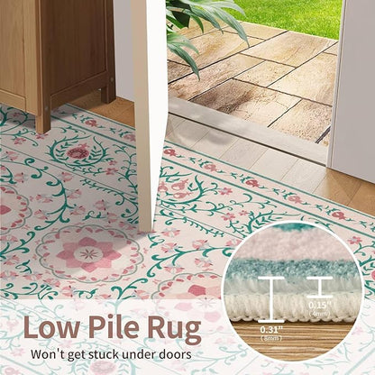 Rugxara Pink Door Mat Floral Entryway Rug, Washable Samll 2x3 Rugs, Boho Front Door Mat, Non Slip Low Pile Throw Carpet for Indoor Entrance,Bathroom,Girls Room and Kitchen(Pink/Green 2x3ft)