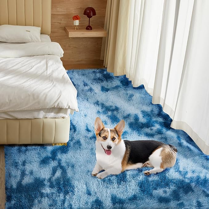 Ultra Soft Rug for Living Room, 4X6 Fluffy Shag Area Rug for Bedroom, Modern Shaggy Carpets Fuzzy Rug for Teens Dorm Nursery Home Decor Aesthetic, Upgrade Anti-Skid Durable, Tie-Dyed Blue Grey