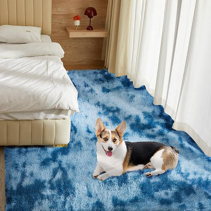 Ultra Soft Rug for Living Room, 5X8 Fluffy Shag Area Rug for Bedroom, Modern Shaggy Carpets Fuzzy Rug for Teens Dorm Nursery Home Decor Aesthetic, Upgrade Anti-Skid Durable, Tie-Dyed Blue Grey