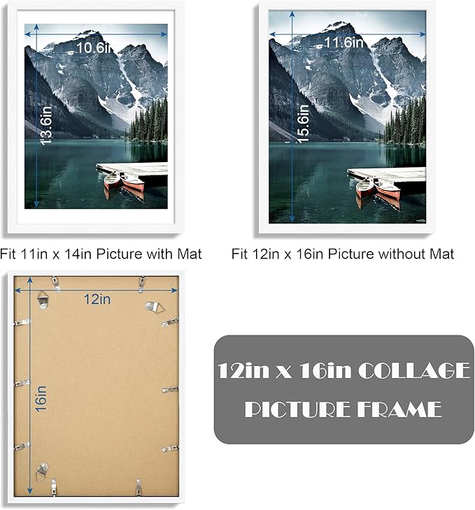 Hongkee 12x16 Picture Frame Set of 3 - Display 11x14 Photo with Mat or 12 x 16 Poster without Mat, Wall Mounting Horizontal and Vertical, White