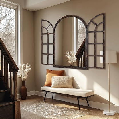 Arched Wall Mirror with Window Pane Design 36x24 Inch Rustic Farmhouse Wood Decorative Mirror for Living Room Bedroom Entryway
