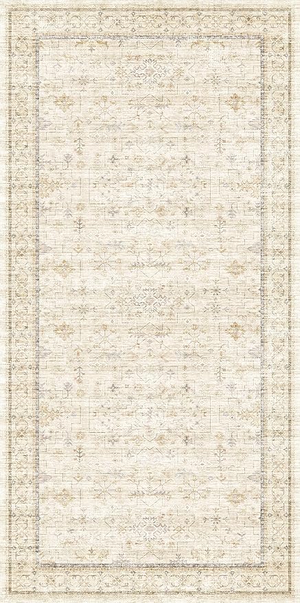 3x6 Wide Area Rugs for Hallways Non Slip, Machine Washable Rug for Kitchen Floor, Entryway, Soft Low Pile Neutral Sand Beige Décor, Geometric Floral Pattern Stain Resistant Carpet